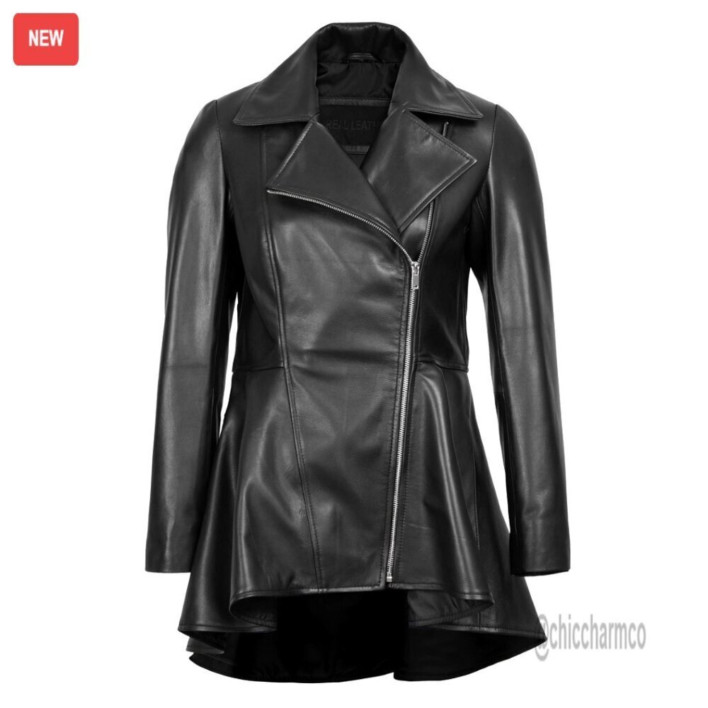 Real Lambskin Leather Peplum Jacket with Asymmetrical Zipper